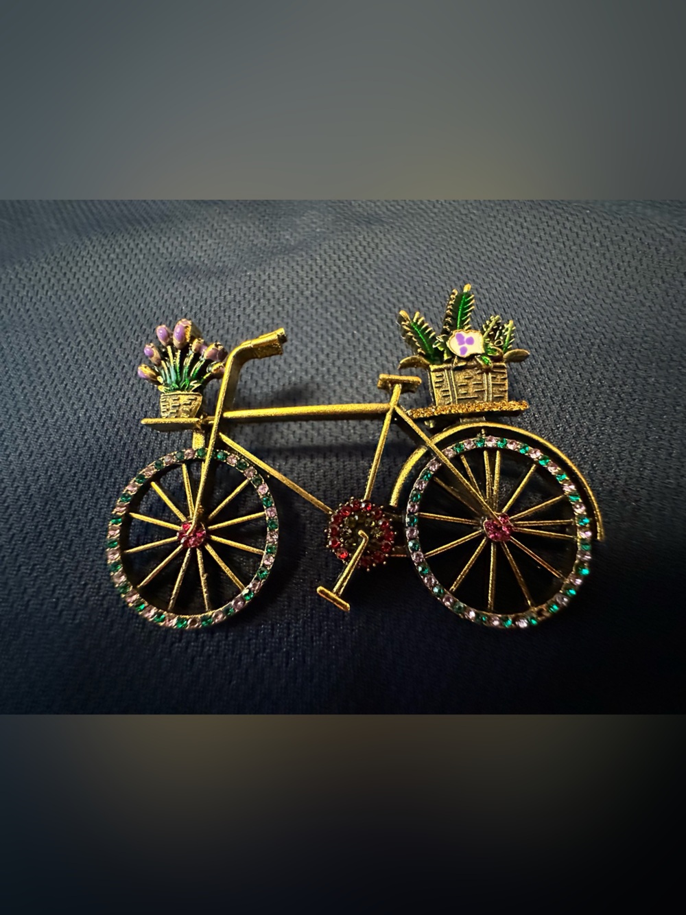 Gold-Tone Bicycle Brooch with Pink & Green Accents